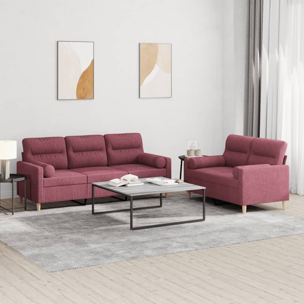 Set Di Divani 2 Pz Con Cuscini Rosso Vino In Tessuto