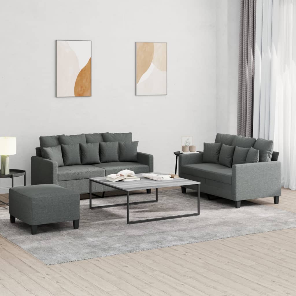 Set Di Divani 3 Pz Con Cuscini Grigio Scuro In Tessuto