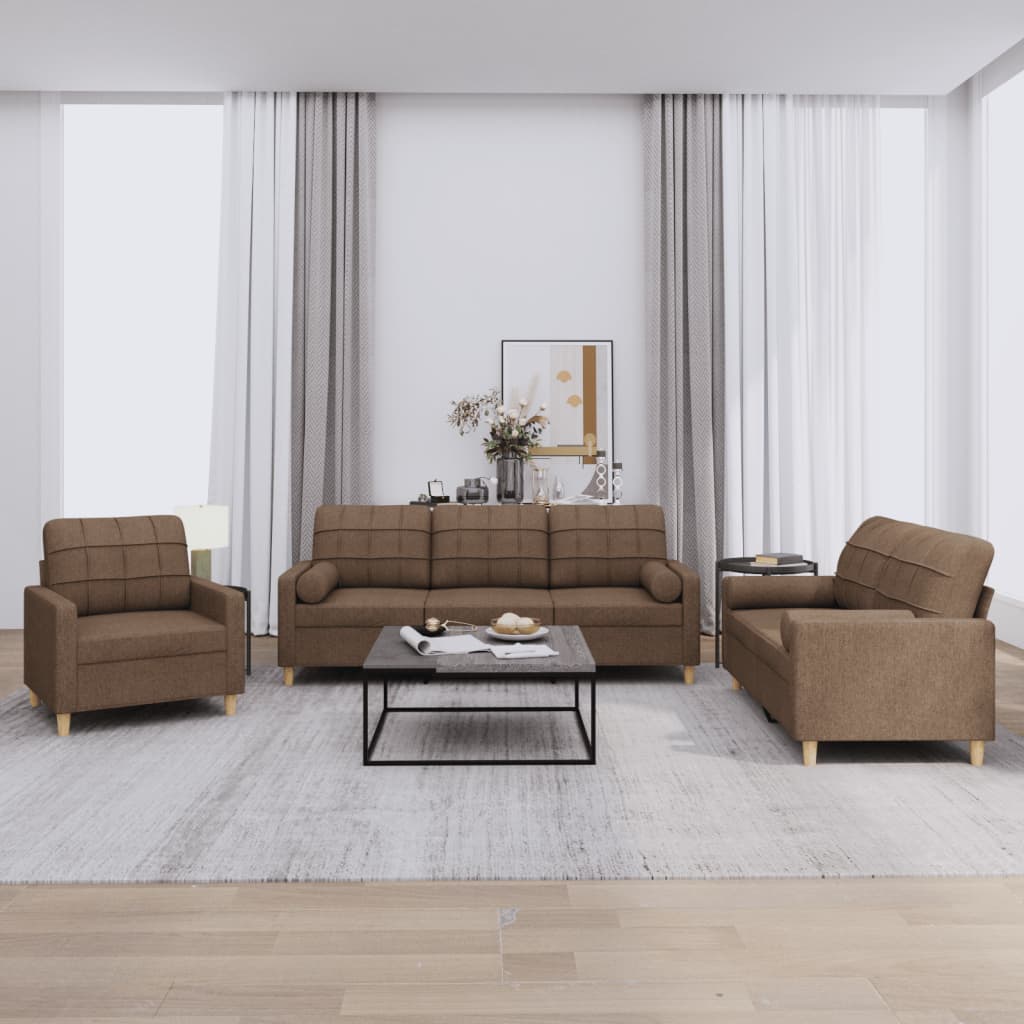 Set Di Divani 3 Pz Con Cuscini Marrone In Tessuto