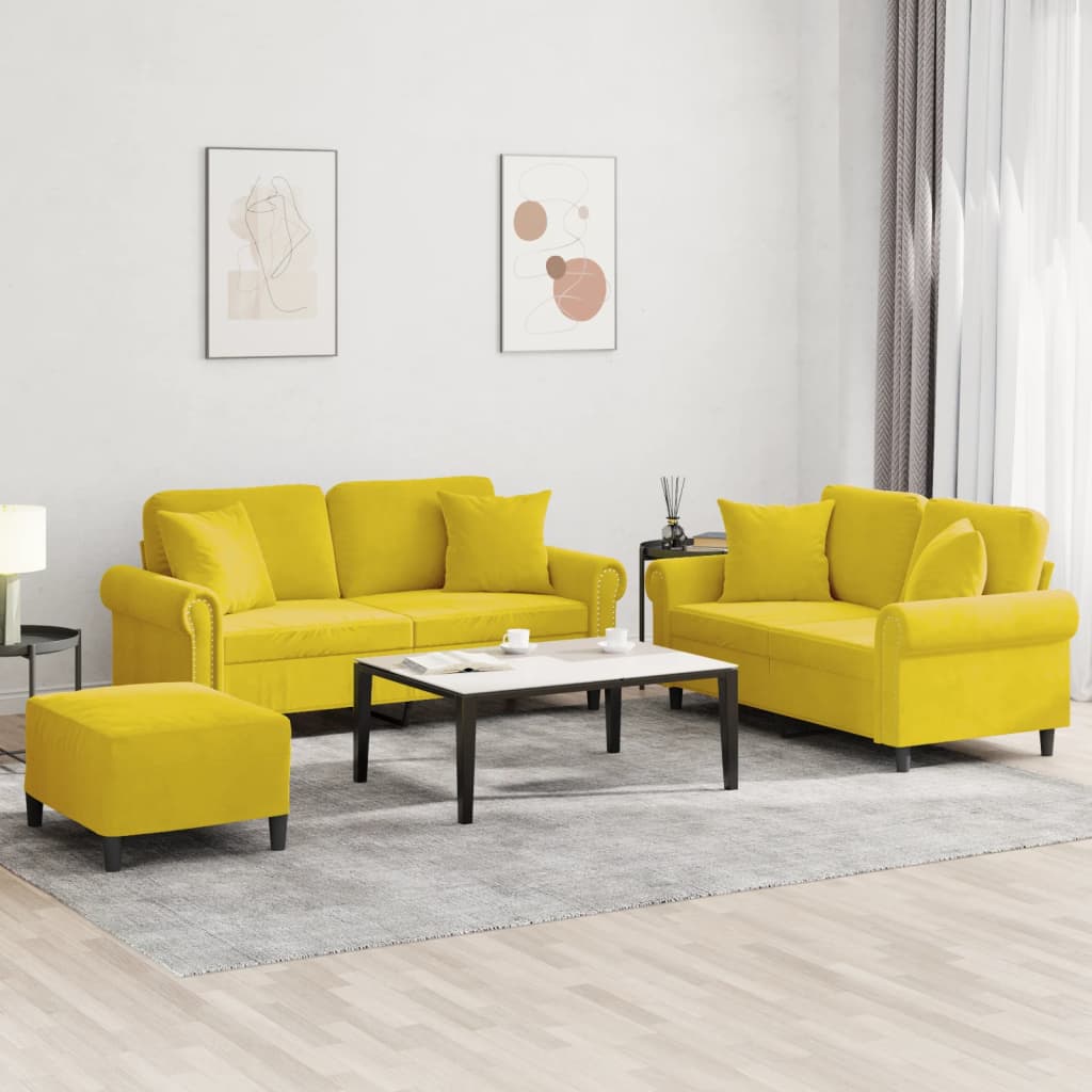 Set Di Divani 3 Pz Con Cuscini Giallo In Velluto
