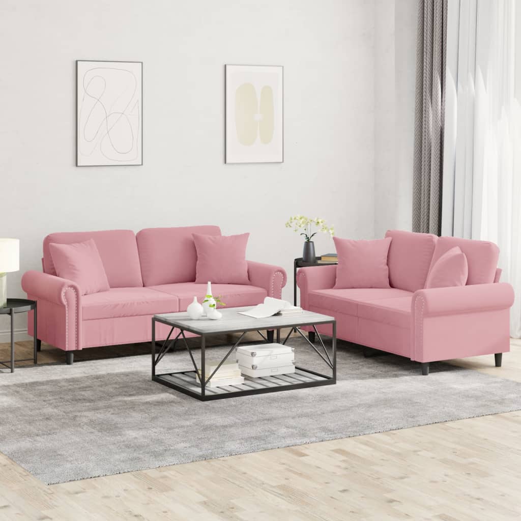 Set Di Divani 2 Pz Con Cuscini Rosa In Velluto