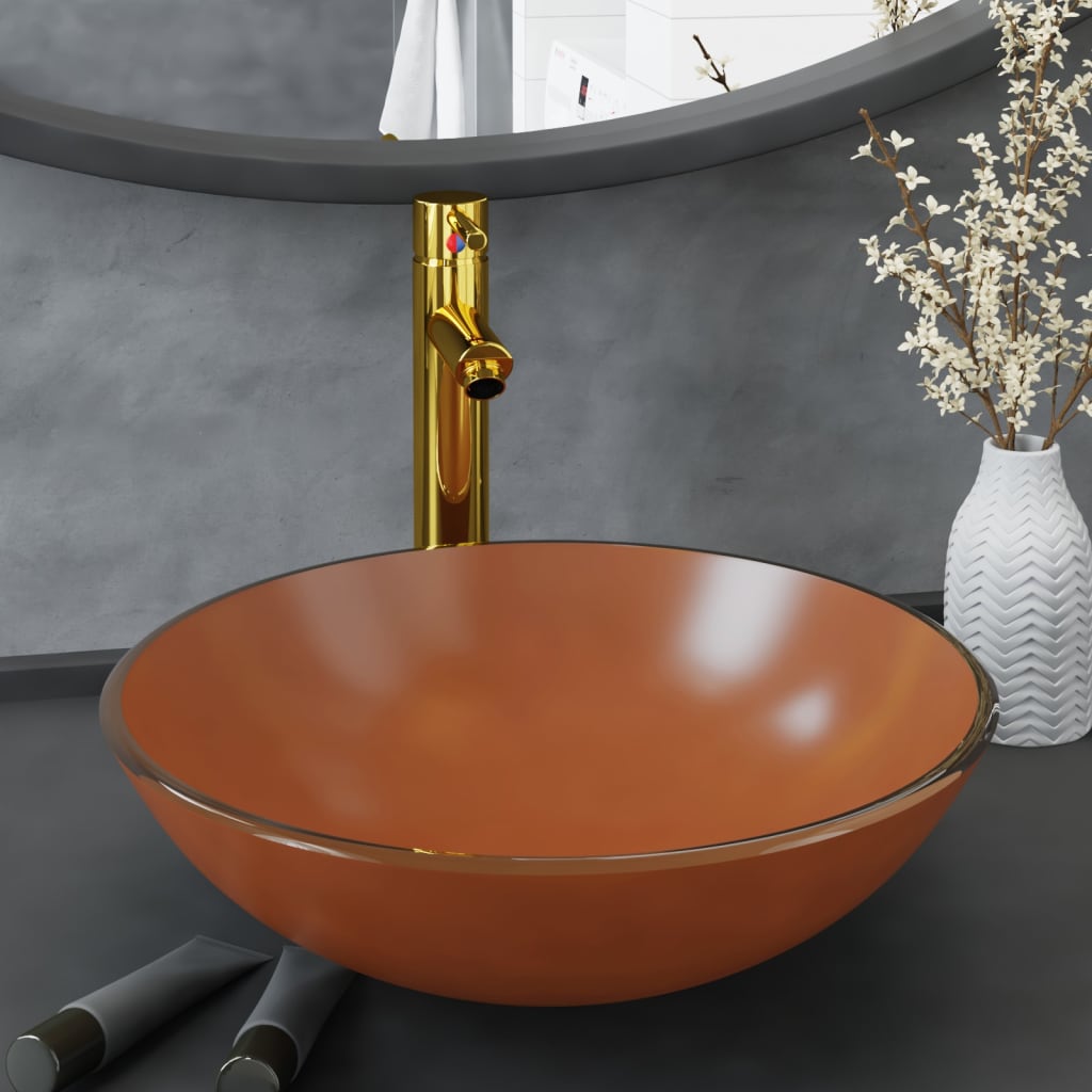 Lavandino Con Rubinetto E Piletta In Vetro Temperato Marrone