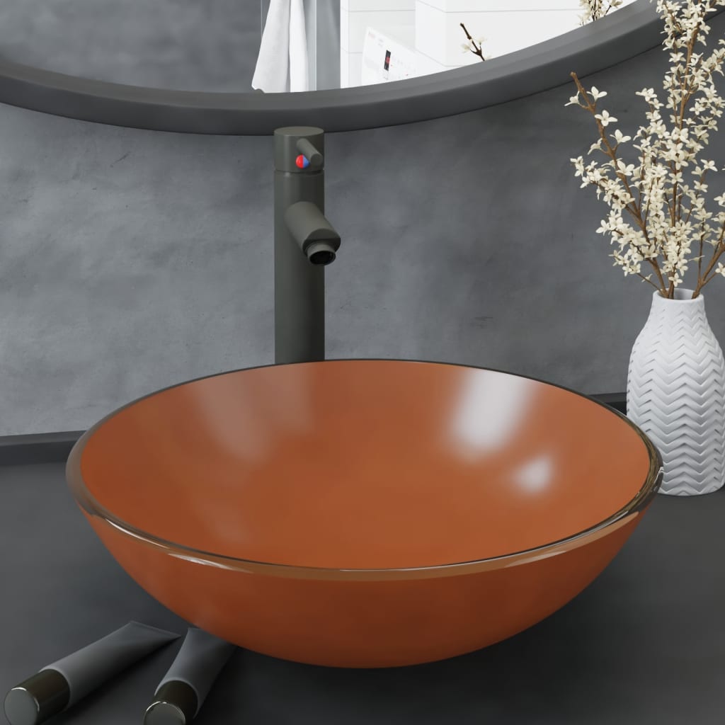 Lavandino Con Rubinetto E Piletta In Vetro Temperato Marrone