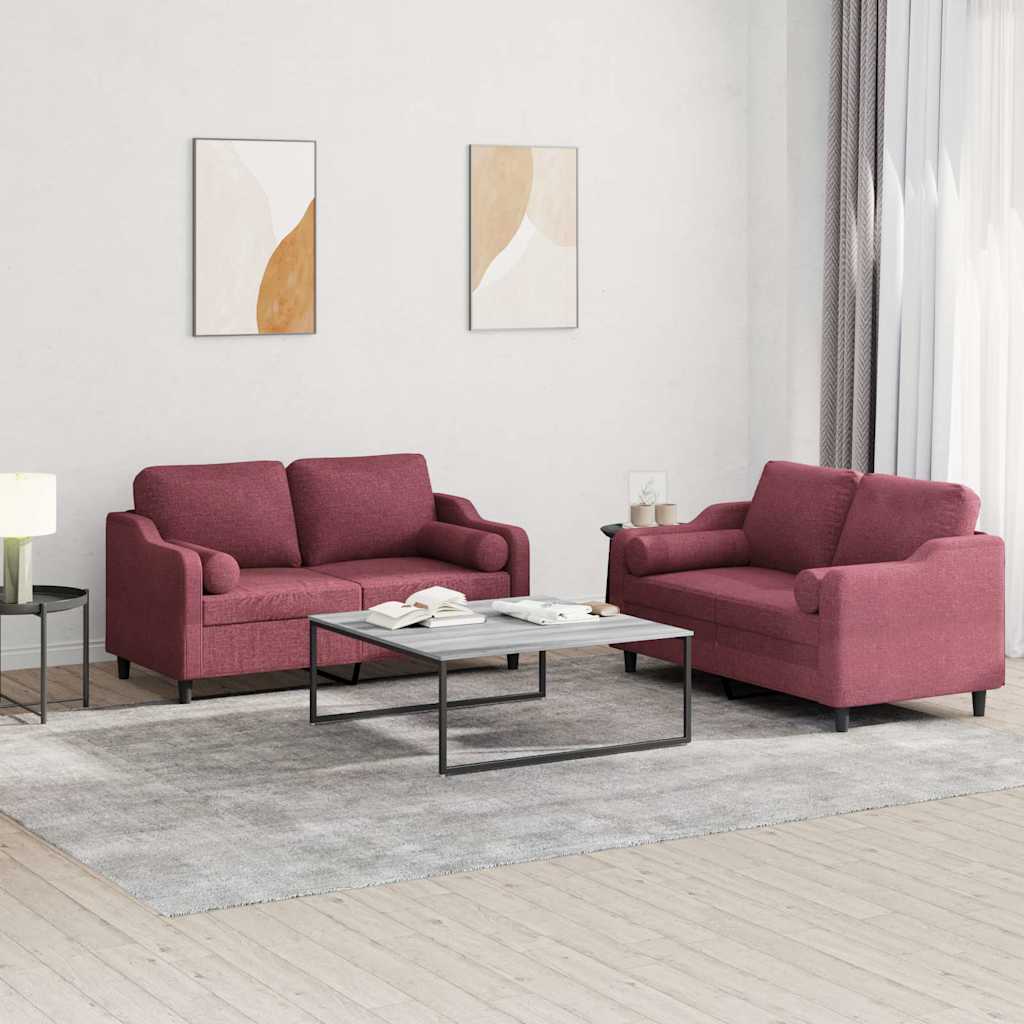 Set Di Divani 2 Pz Con Cuscini Rosso Vino In Tessuto