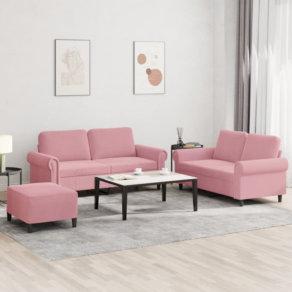 Set Di Divani 3 Pz Con Cuscini Rosa In Velluto
