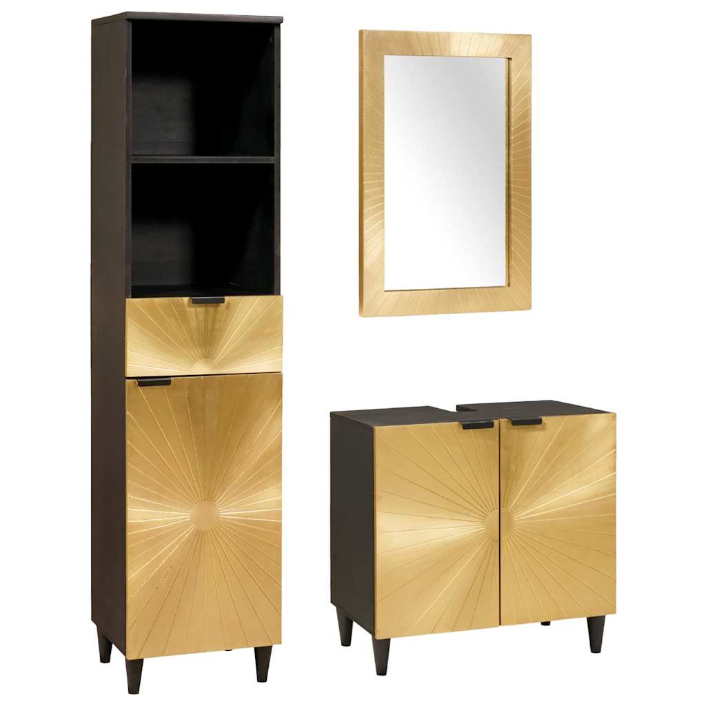 Set Di Armadi Da Bagno 3 Pcs Nero E Oro Legno Di Mango Massello