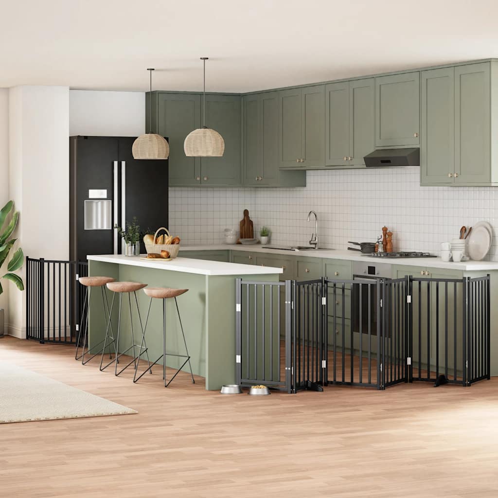 Cancello Per Cani Porta Pieghevole Nero 9 Pannelli 450cm Pioppo