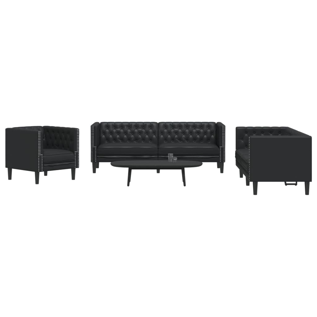 Set Divani Chesterfield 3pz Nero In Similpelle