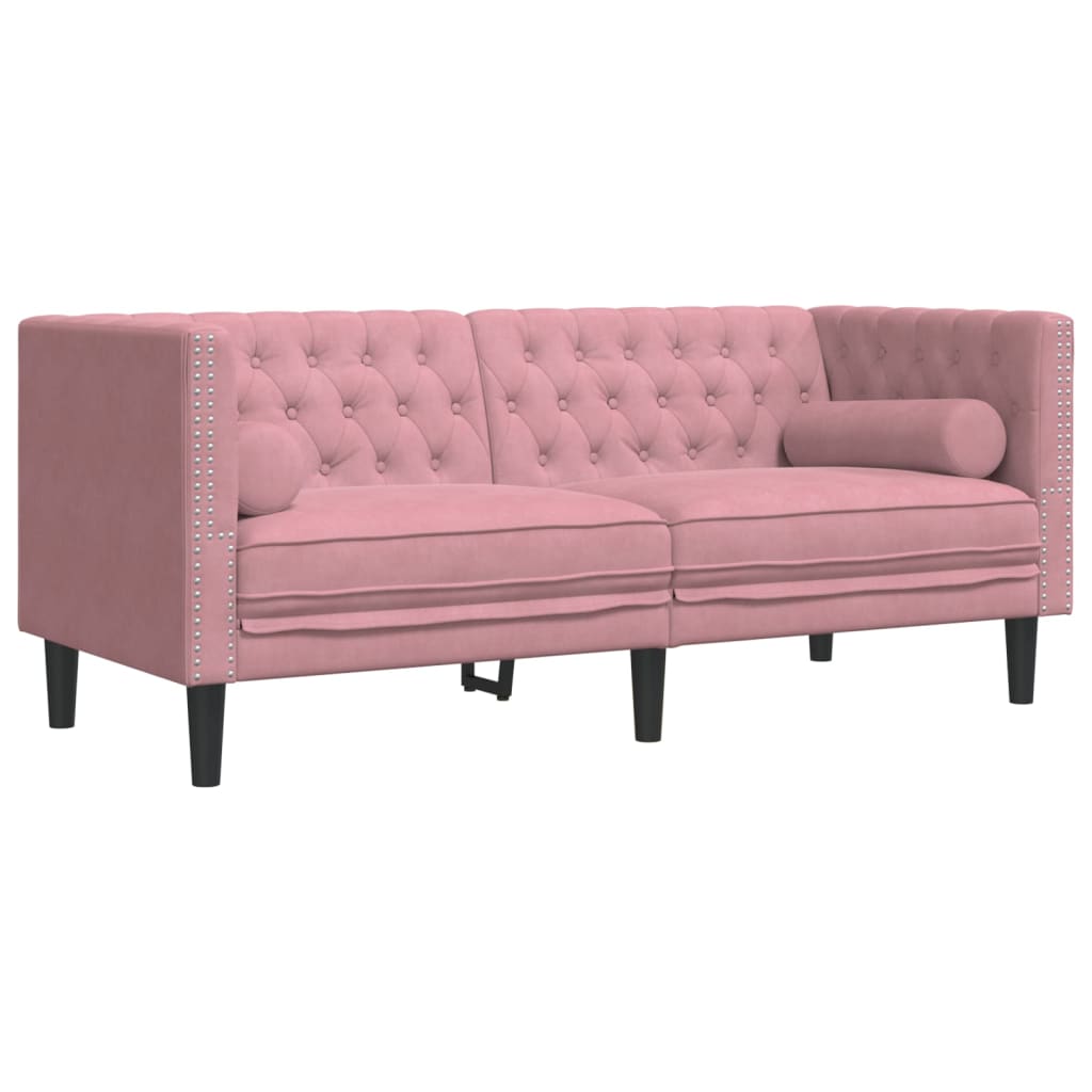 Set Divani Chesterfield 2pz Con Cuscini Rosa Velluto - Image 4