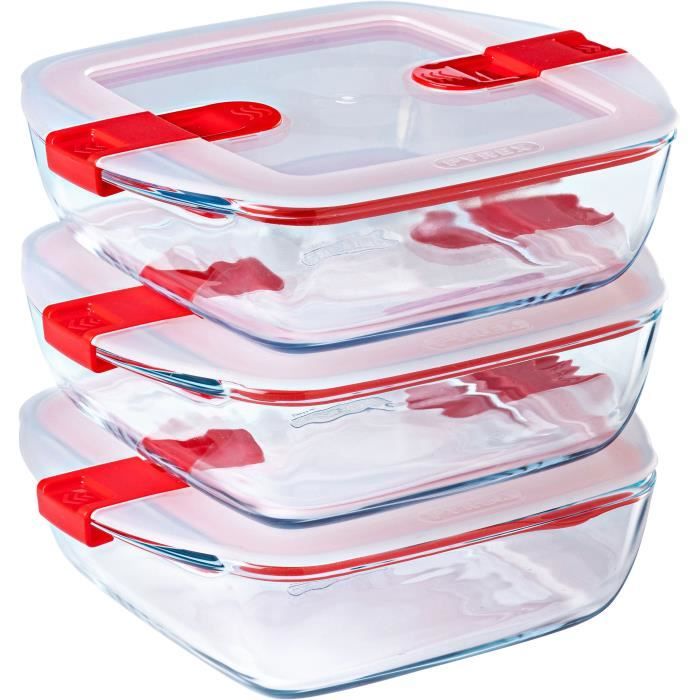 Set Di 3 Contenitori Per Il Pranzo - Pyrex - Cook & Heat - Vetro - Quadrati - Coperchio Con Valvole Per Il Vapore, Speciali Per Microonde - 1 L