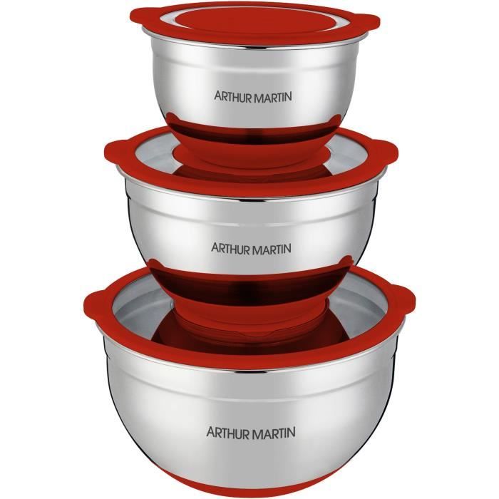 Set Di Insalatiere - Arthur Martin - Am032 - 16-20-24 Cm - Coperchi Ermetici - Acciaio Inox - Fondo In Silicone Antiscivolo