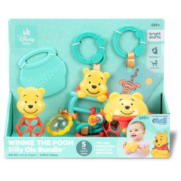 Disney Baby -WinniE- Set De Regalo De Nacimiento Para Bebé, 5 Juguetes Que Incluyen 1 Mordedor De Winnie The Pooh Y Una Pelota O, Sonajero Y Clip Par