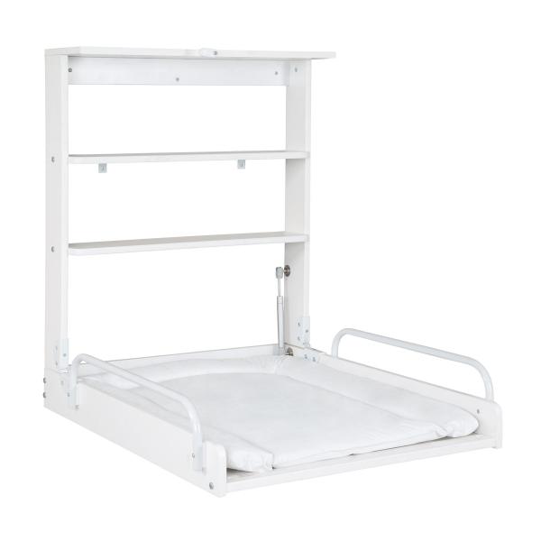 Cambiador Plegable De Pared Roba - Colchón Impermeable Incluido - 2 Estantes Integrados - Madera Lacada En Blanco