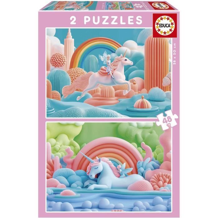 Puzzle - Educa - Unicorni Magici - 2 X 48 Pezzi - Tema Fantasy - Per Bambini - 4 Anni E Oltre