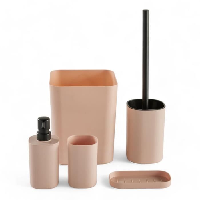 Set Di 5 Accessori Da Bagno - Today - Utility - Dispenser Di Sapone, Porta Spazzolino, Porta Sapone, Scopino Per Wc, Cestino - Rosa