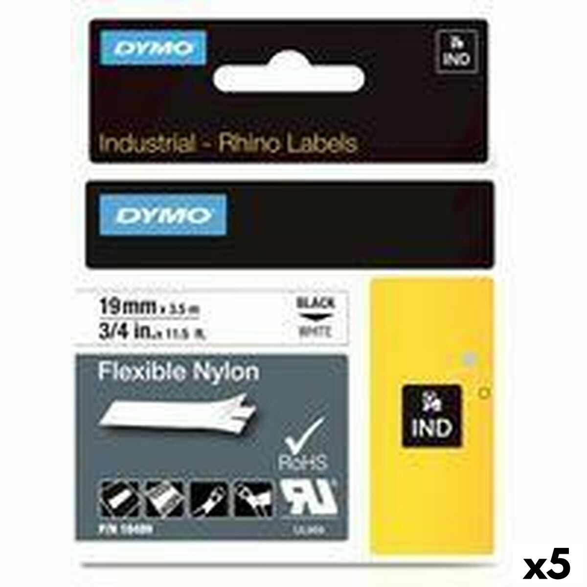Nastro Laminato Per Etichettatrici Rhino Dymo Id1-19 19 X 3,5 Mm Nero Bianco Autoadesive (5 Unità)