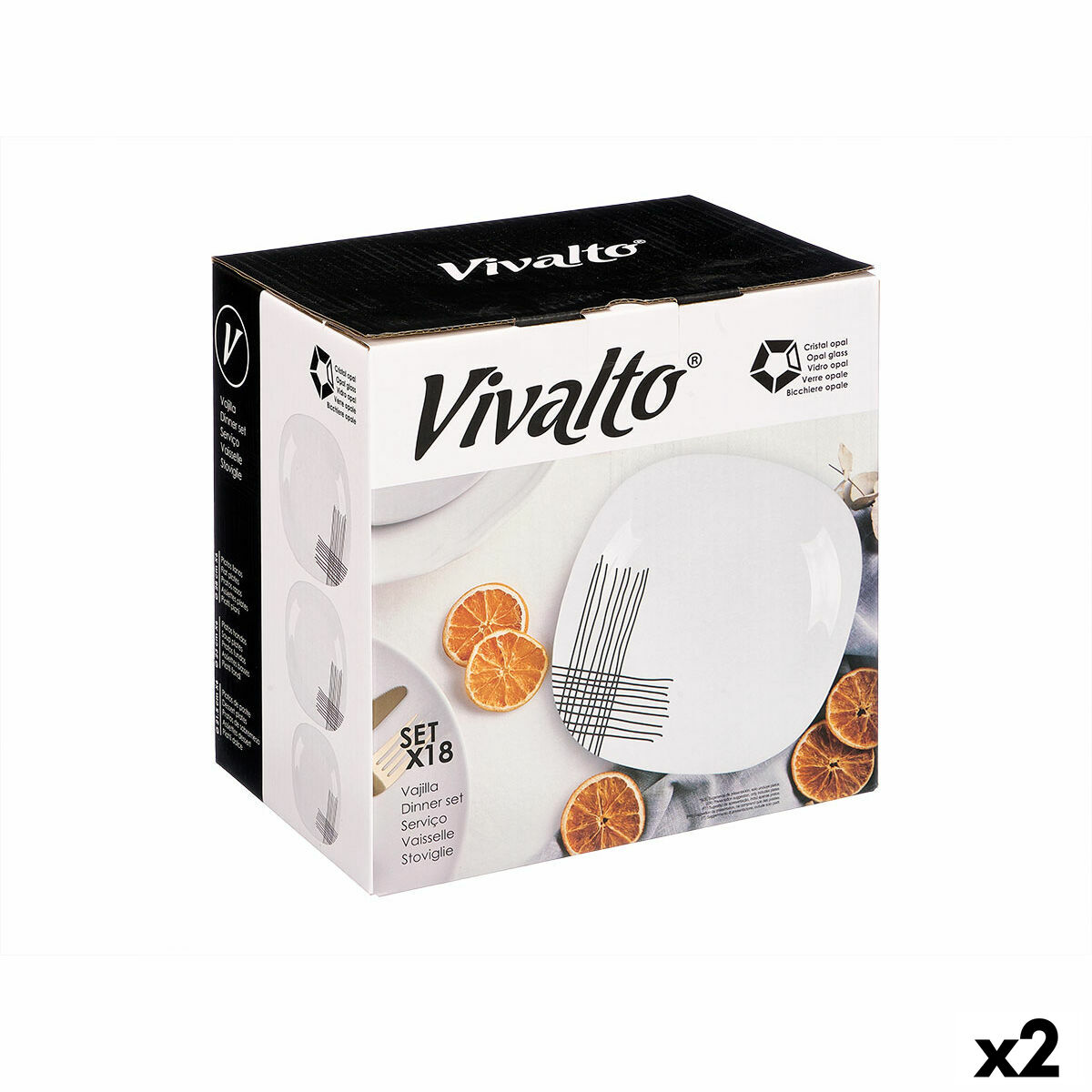 Servizio Di Piatti Vivalto Bianco Nero Vetro Opalino Righe 18 Pezzi (2 Unità)