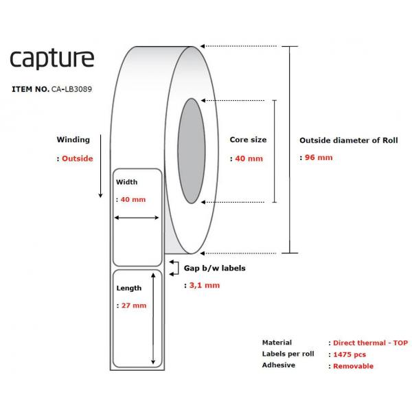 Capture CA-Lb3089 Etichetta Per Stampante Bianco (label 40x27, Core 40, - Diameter 96 Mm. Thermal - Print. Top Coated. Removable. 1475 Labels Per Rol