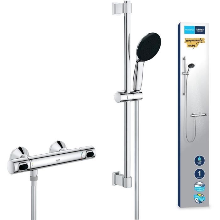 Set Doccia Con Miscelatore Termostatico, Soffione 1 Getto, Asta 60 Cm E Flessibile - Grohe 34800001 - Water Saving - Cromo