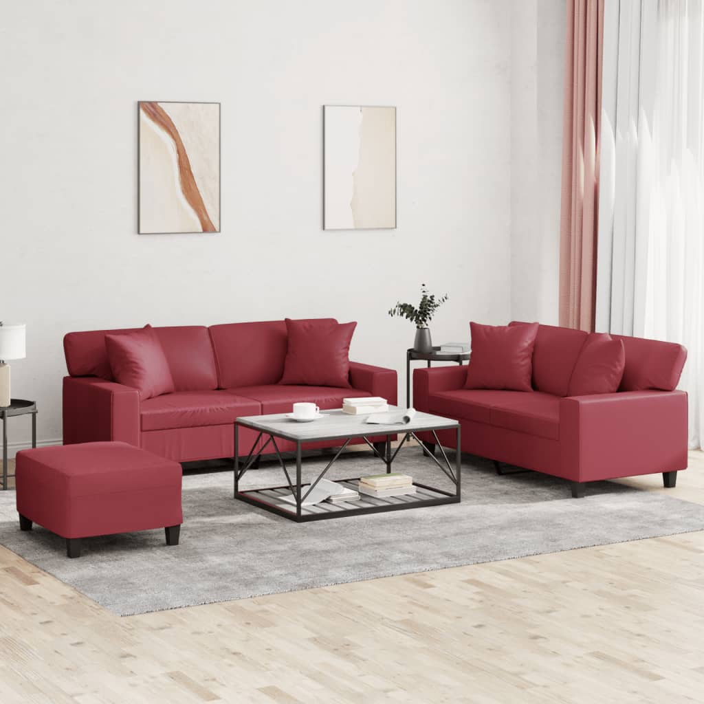Set Di Divani 3 Pz Con Cuscini Rosso Vino In Similpelle