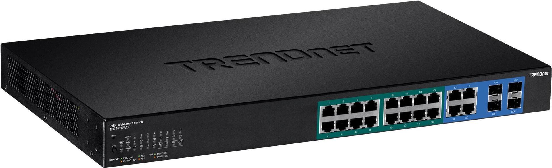 Trendnet Tpe 1620wsf - Switch - L2+ - Smart - 16 X 10/100/1000 (poe+) + 4 X Shared Gigabit Sfp - An Rack Montierbar - Poe+ (370 w)