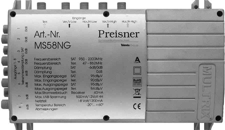 Televes Ms58ng. Produktfarbe: Grau. Stecker: F. Breite: 204 Mm, Tiefe: 57 Mm, Höhe: 130 Mm. Abmessungen (bxtxh): 204 X 57 X 130 Mm (ms58ng)