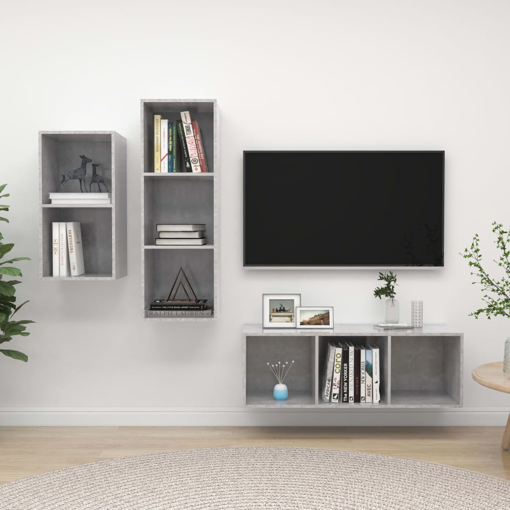 vidaXL Set de muebles de salón 3 pzas madera ingeniería gris hormigón
