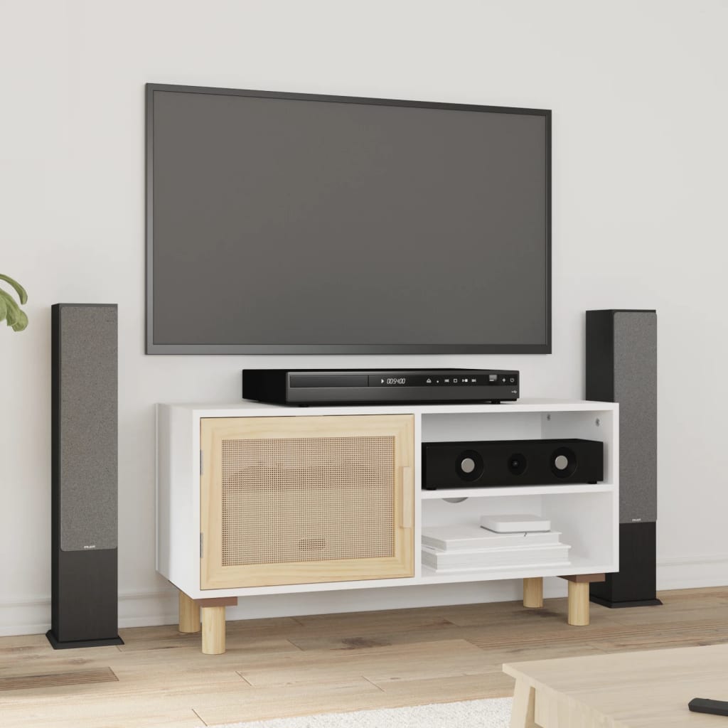 vidaXL Meuble TV Blanc 80x30x40 cm Bois de pin massif et rotin naturel