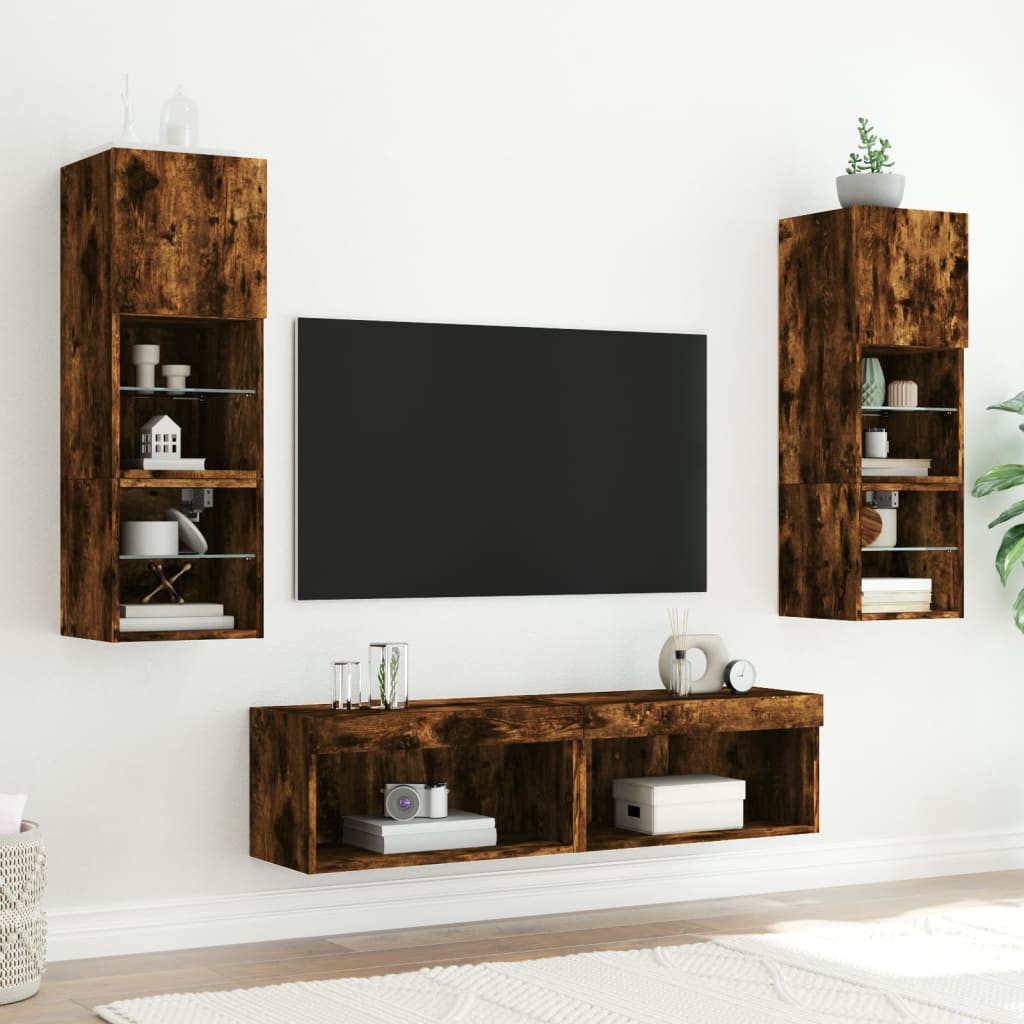 vidaXL Muebles TV pared con LED 6 pzas madera ingeniería roble ahumado - Image 3