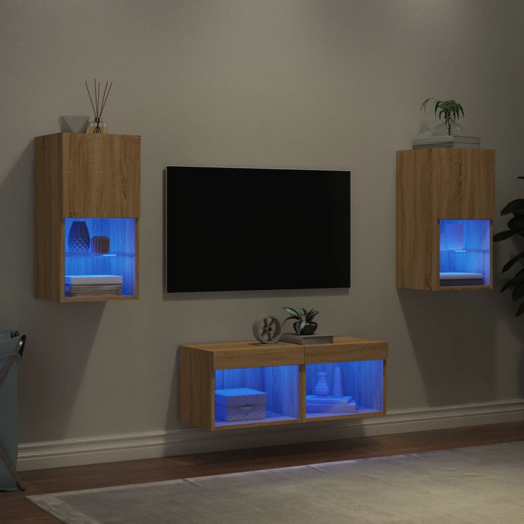 vidaXL Muebles de TV de pared con luces LED 4 piezas roble Sonoma