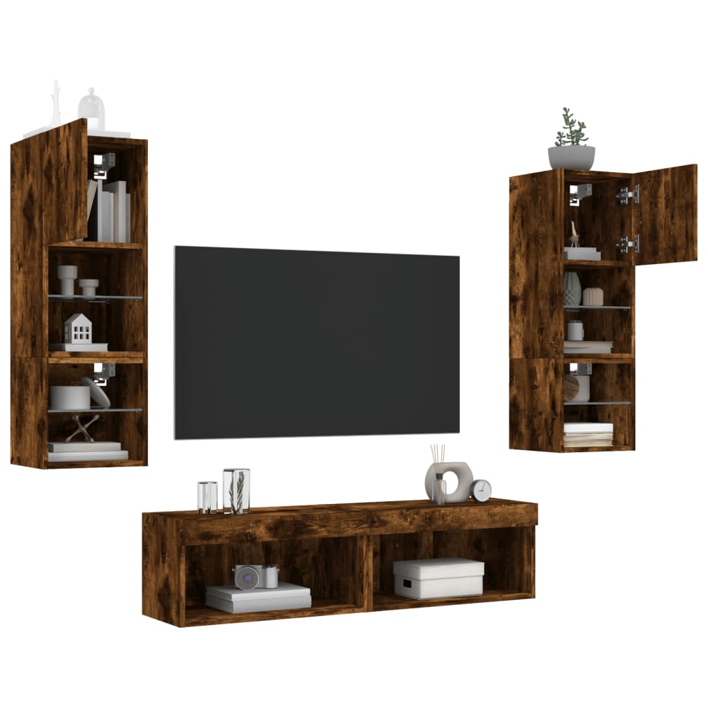vidaXL Muebles TV pared con LED 6 pzas madera ingeniería roble ahumado - Image 4