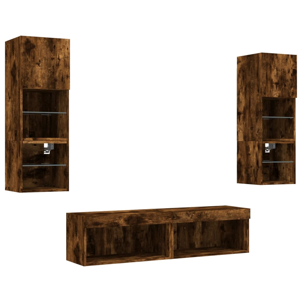 vidaXL Muebles TV pared con LED 6 pzas madera ingeniería roble ahumado - Image 5