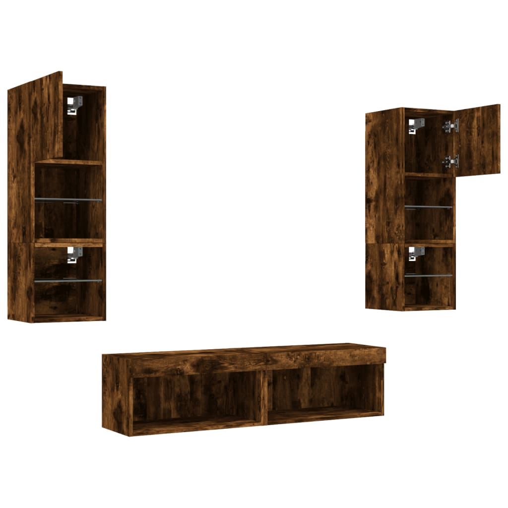 vidaXL Muebles TV pared con LED 6 pzas madera ingeniería roble ahumado - Image 6