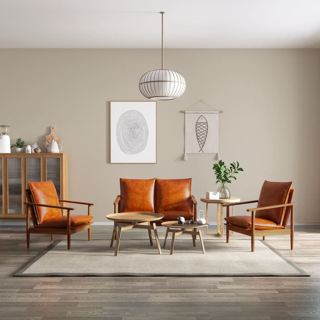 Set Divani 3 Pz In Vera Pelle E Legno Massello Acacia Marrone