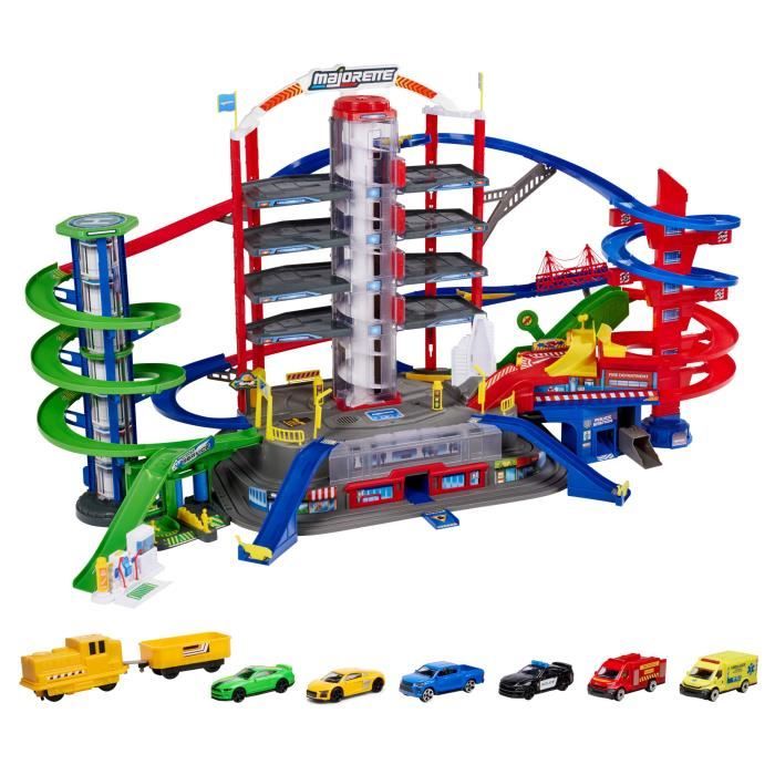 Majorette Super City Garage, 2 Livelli, Suoni E Luci, 6 Veicoli In Metallo + 1 Treno, 128 X 78 X 73 cm