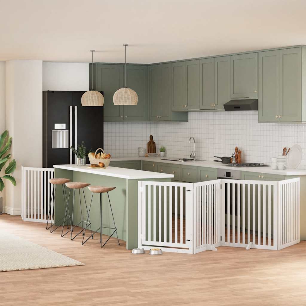 vidaXL Puerta de perros plegable 8 paneles madera álamo blanca 640 cm