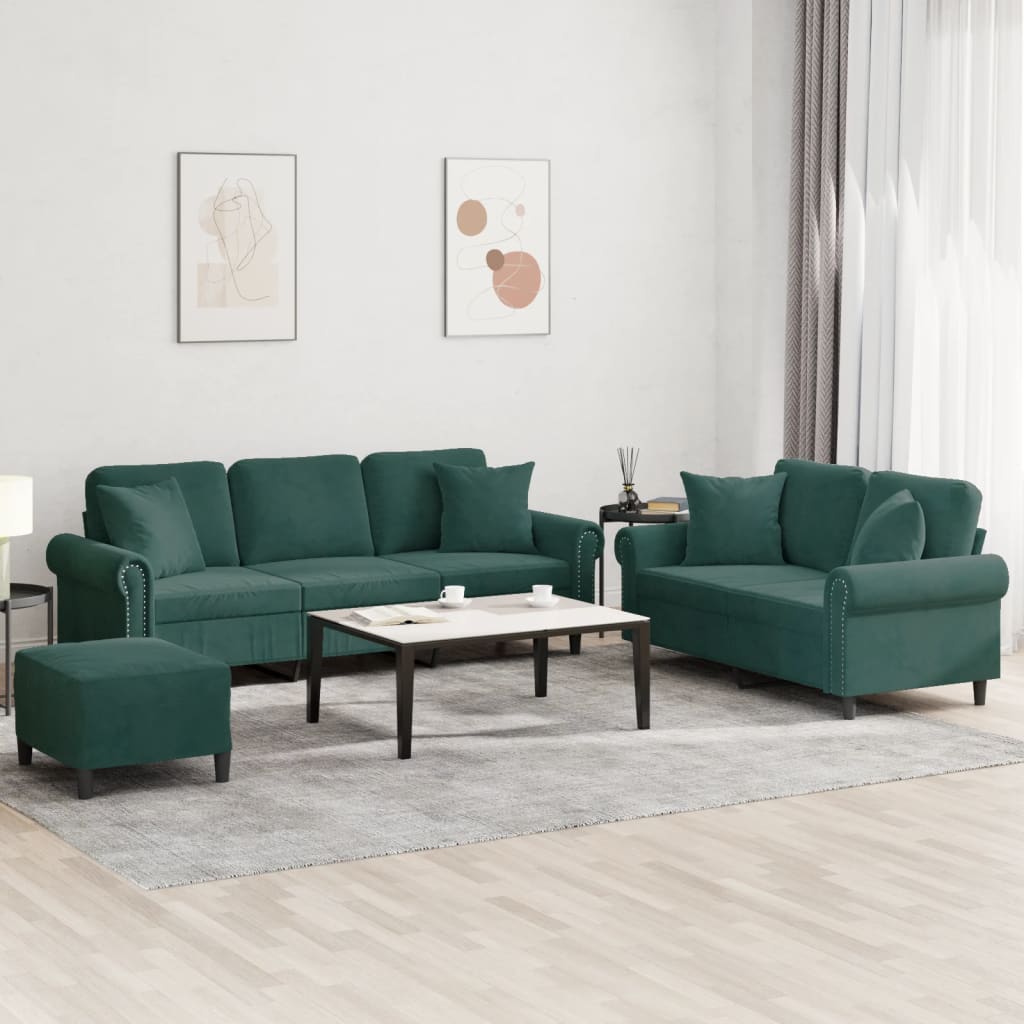 Set Di Divani 3 Pz Con Cuscini Verde Scuro In Velluto