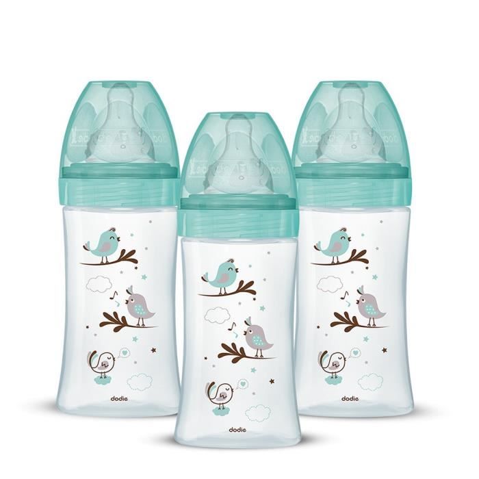 Set Di 3 Dodie Anti -Color Iniziazione+ Bottiglie - Vetro - 270 Ml - 0-6 Mesi - Ciuccio Rotondo - Flusso 2