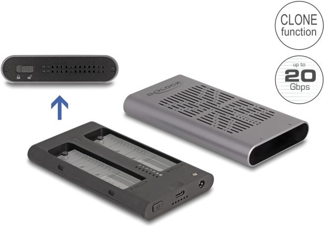 Delock - Speichergehäuse - 20 Gbps, Klonfunktion - M.2 - M.2 Nvme Card - UsB-C - Grau (42027)