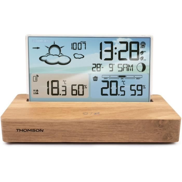 Sveglia Stazione Meteorologica - Thomson - Legno Chiaro - Visualizzazione Della Temperatura, Igrometria, Doppio Allarme, UsB-C, Sonda Wireless