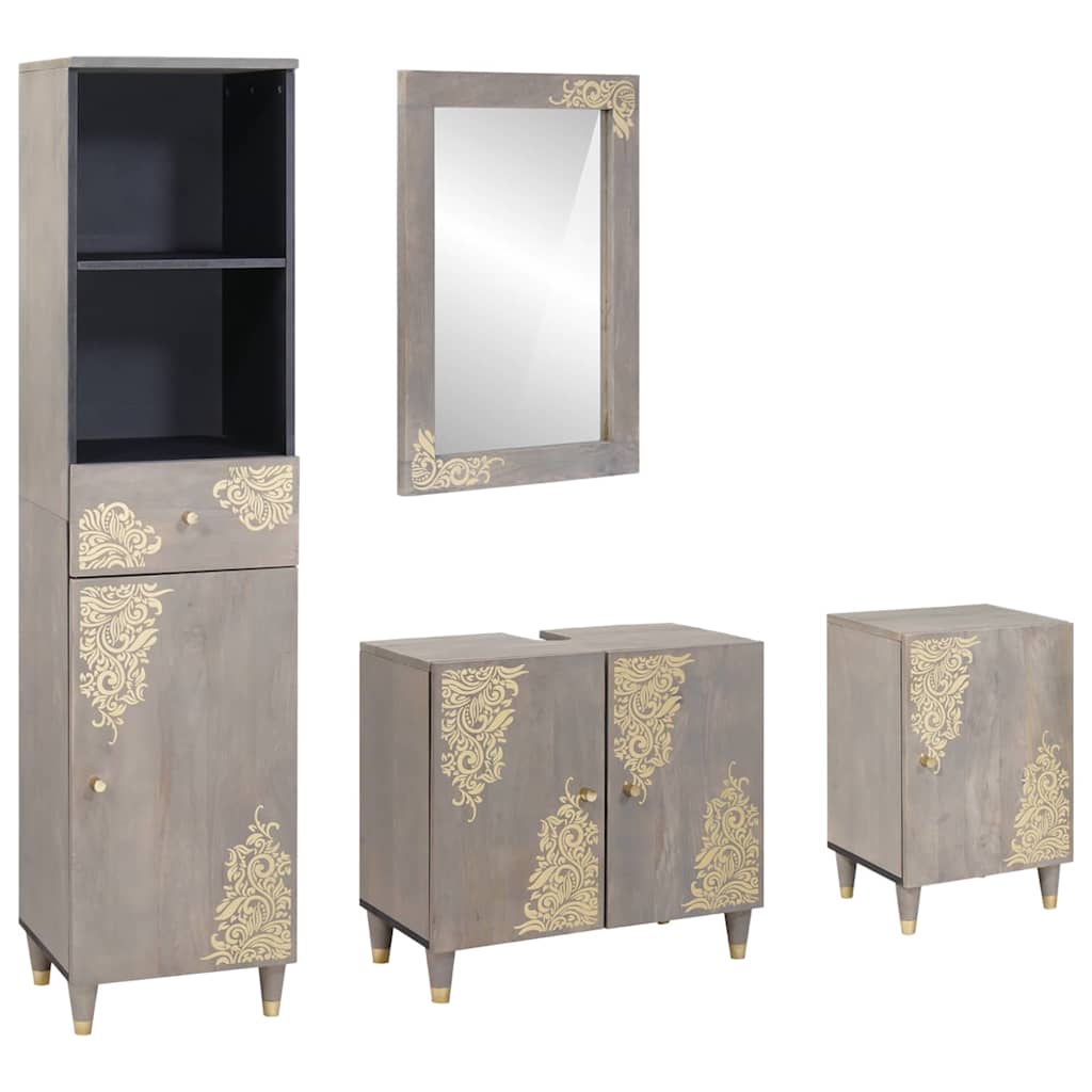 vidaXL Badezimmerschrank-Set Wandmontiert 4 pcs Grau Massivholz Mango