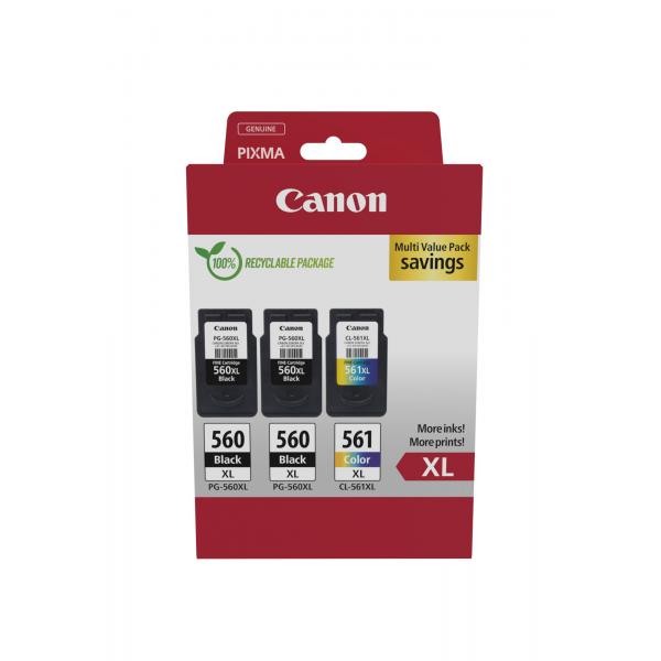 Canon 3712c009 Cartuccia D'inchiostro 3 Pz Originale Resa Elevata [xl] Nero, Ciano, Magenta, Giallo (oem Canon PG-560xl X 2/cL-561xl Original Multipa