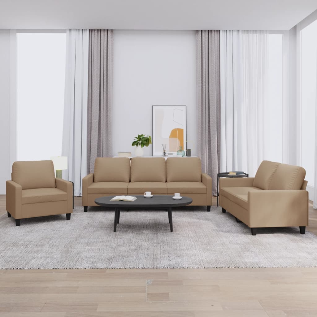 Set Di Divani 3 Pz Con Cuscini Cappuccino In Similpelle