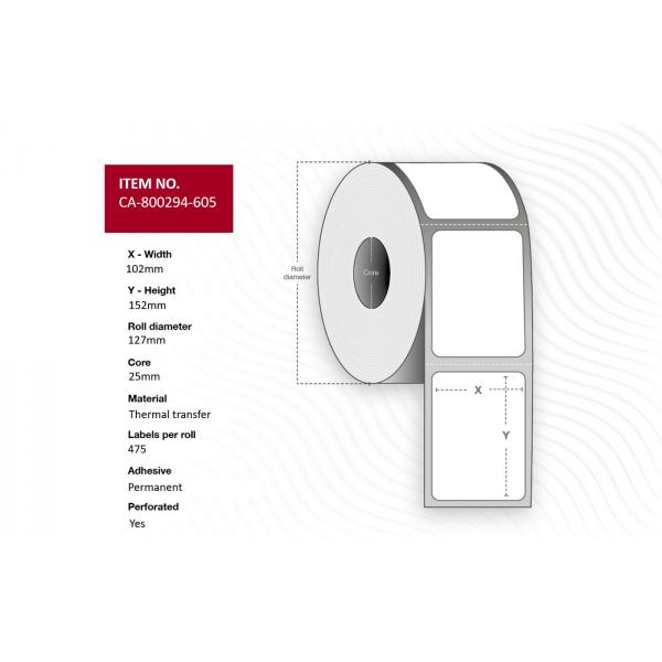 Capture CA-800294-605 Etichetta Per Stampante (label 102 X 152mm, Core 25mm, - Thermal Transfer, Uncoated, - Permanent, Perforated, 475 Labels Per ro