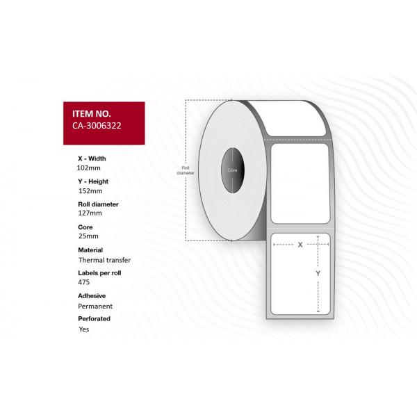 Capture CA-3006322 Etichetta Per Stampante (label 102 X 152mm, Core 25mm, - Thermal Transfer, Coated, - Permanent, Perforated, 475 Labels Per Roll, 1
