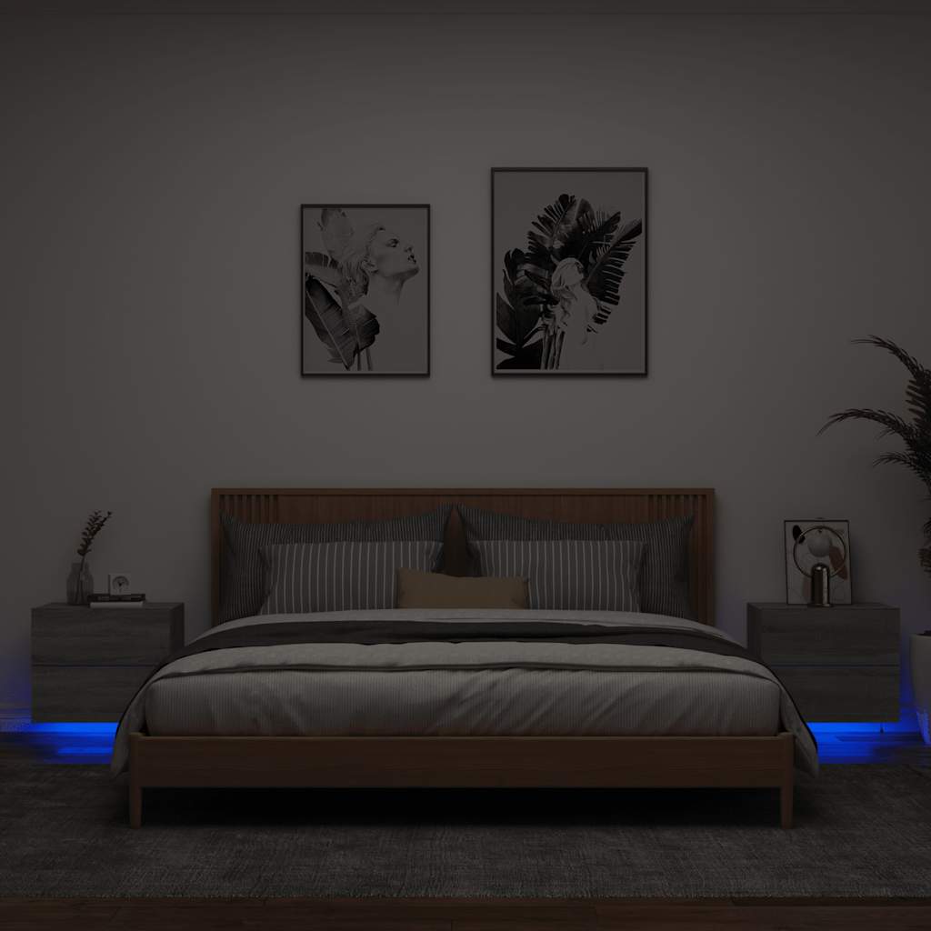 Comodini A Parete Con Luci Led 2 Pz Grigio Sonoma