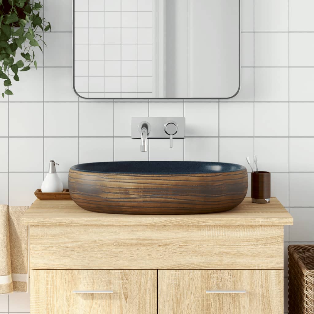 Lavabo Da Appoggio Marrone E Blu Ovale 59x40x14 Cm Ceramica
