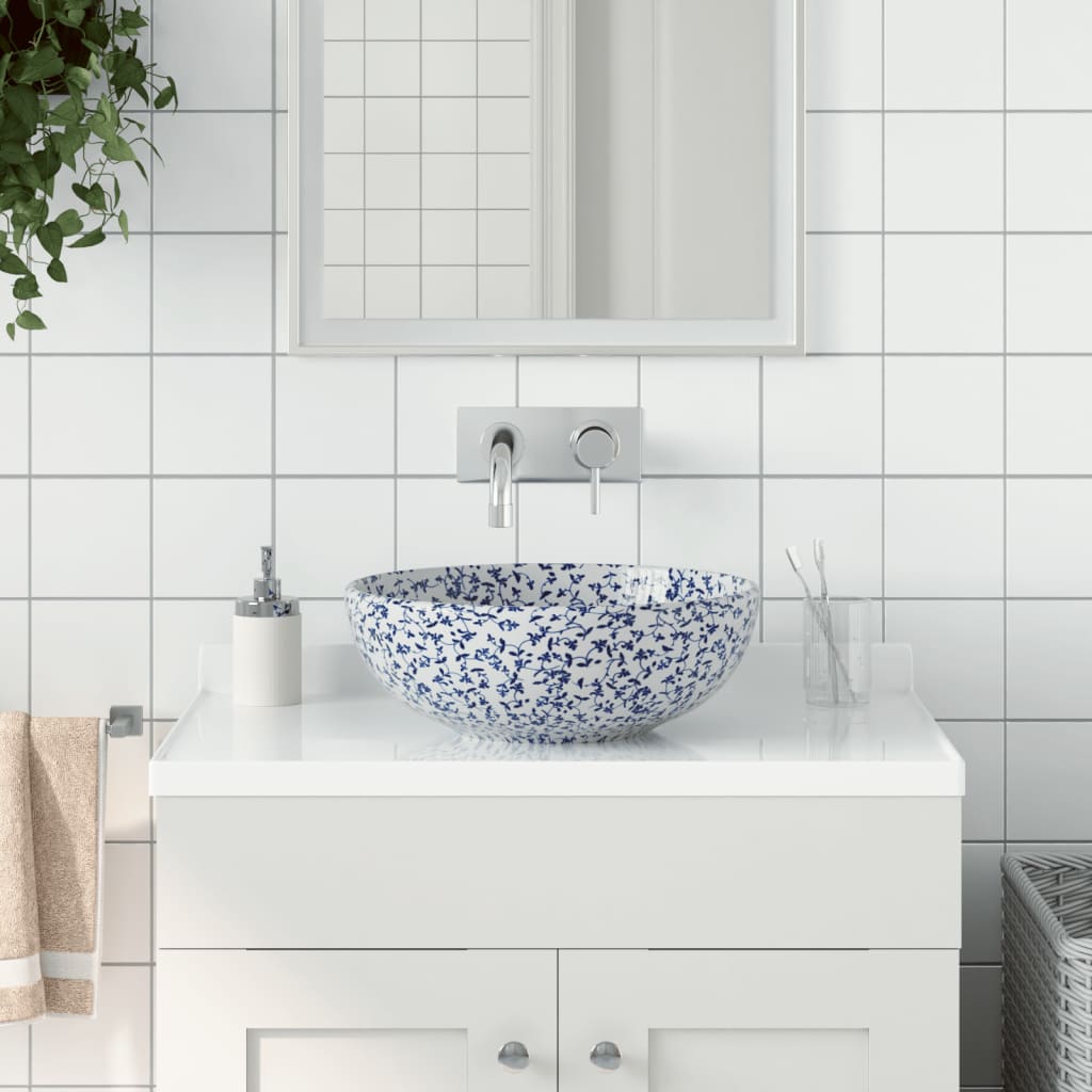 Lavabo Da Appoggio Bianco E Blu Rotondo F41x14 Cm Ceramica