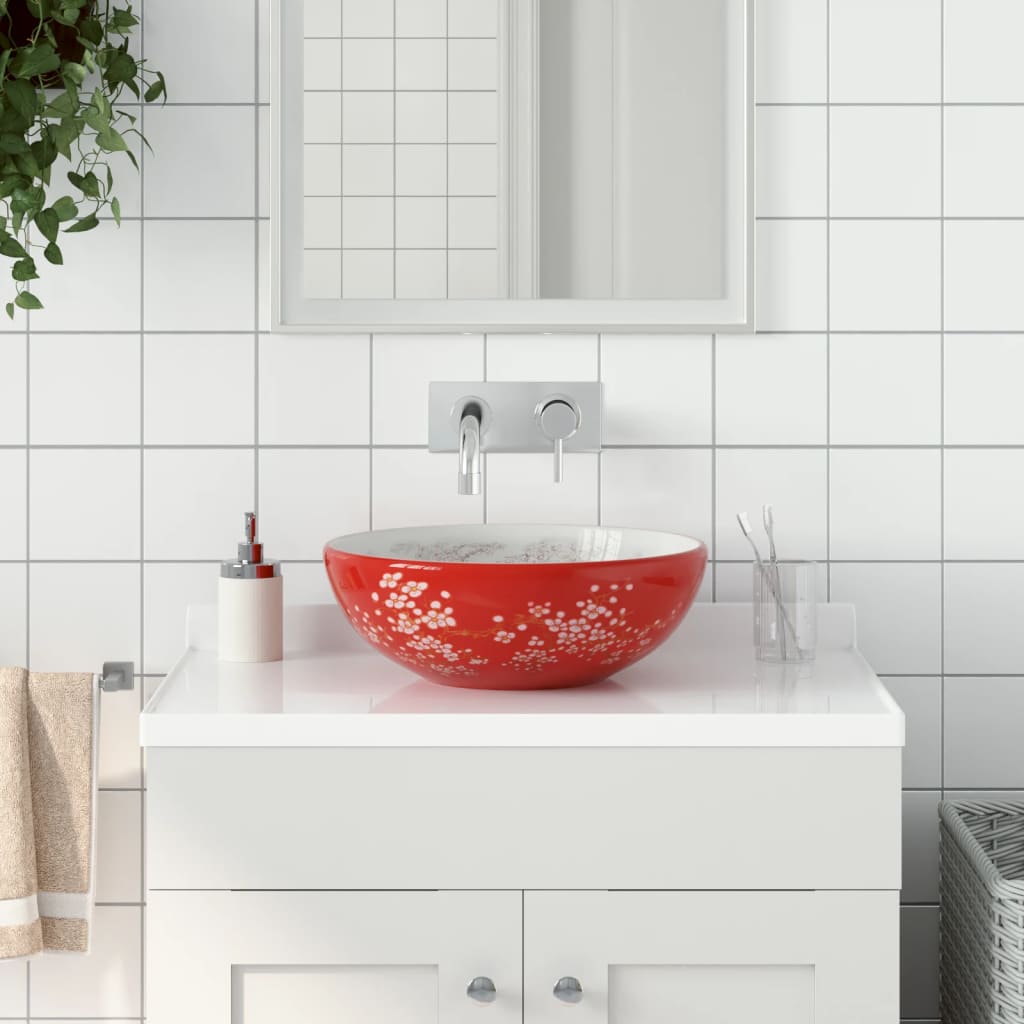Lavabo Da Appoggio Bianco E Rosso Rotondo F41x14 Cm Ceramica