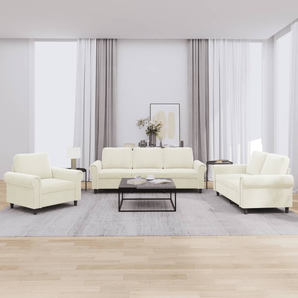 Set Di Divani 3 Pz Con Cuscini Crema In Velluto